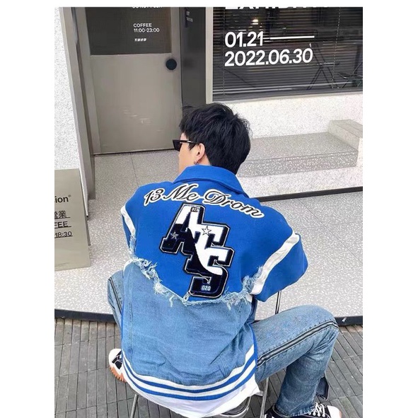 Áo Varcity Vải dạ tay da 2 lớp họa tiết thêu phối jean