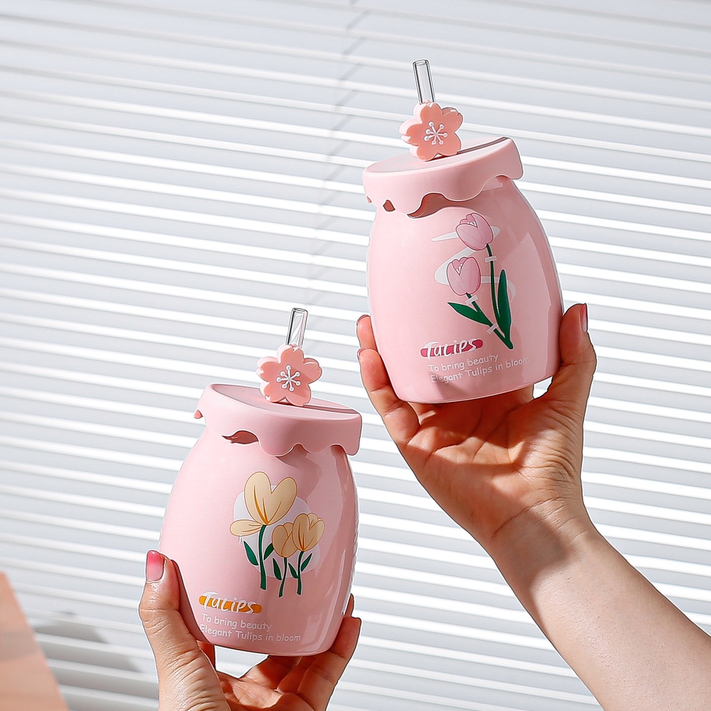 Cốc Uống Nước Bằng Sứ Hình Hoa Tulip Kèm Ống Hút Xinh Xắn Ly Uống Nước Bằng Sứ Họa Tiết Hoa Tulip Dễ Thương Xinh Xắn