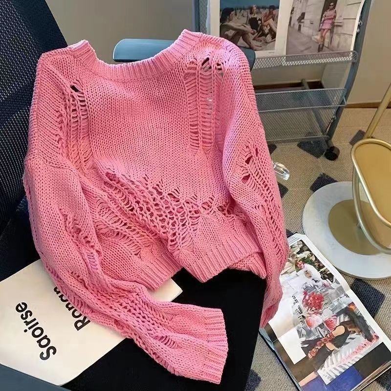 Jiashucheng Áo Sweater Dệt Kim Mỏng Tay Dài Dáng Rộng Khoét Lỗ Màu Hồng Thời Trang Mùa Thu Cho Nữ