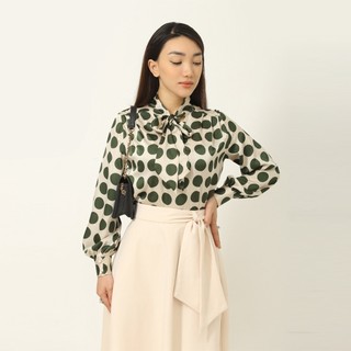 Áo sơ mi lụa dài tay, cổ buộc nơ cao cấp chấm xanh