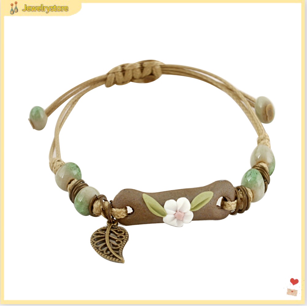 Vòng tay dây bện phối mặt charm gốm hình hoa và lá thời trang cho nữ