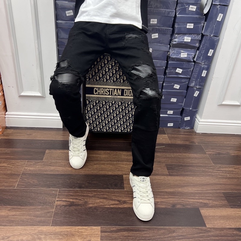 Quần Jean Dài Nam Màu Đen Rách Vá Da Phong Cách Thời Trang Cao Cấp