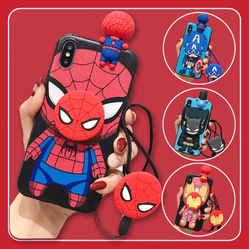 Ốp Điện Thoại Silicon Mềm Hình Spiderman Marvel 3D Có Dây Đeo Và Giá Đỡ Cho iPhone 14 13 12 11 Pro Max
