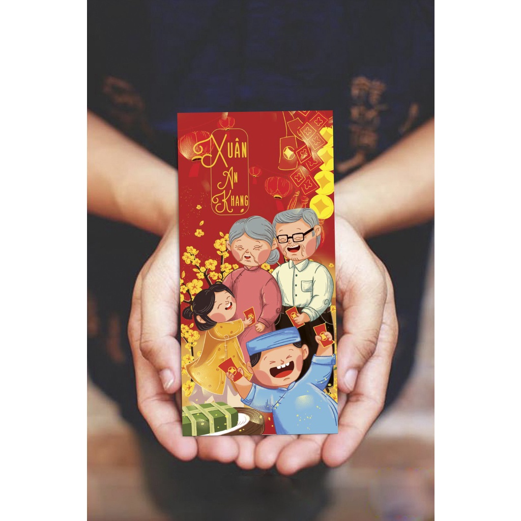 Sét 12 Bao Lì Xì TẾT THIẾT KẾ đặc sắc - Hình xuân sum vầy - Giấy C150 cán mờ in sắc nét