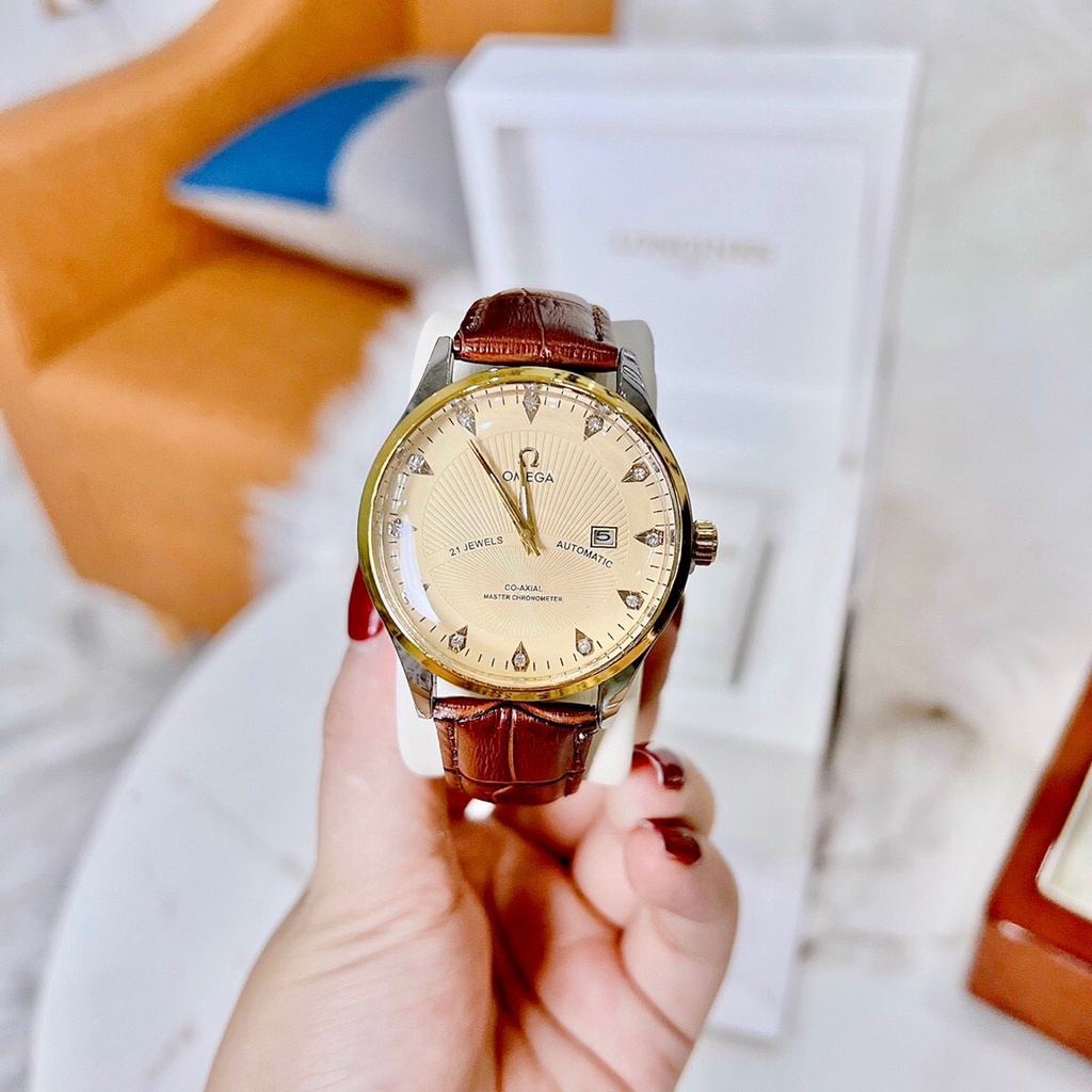 Đồng hồ Nam Omega, Đồng hồ OMG05 Dây da cao cấp, Mặt Sapphire chống xước, chống nước thẻ bảo hành 12 tháng