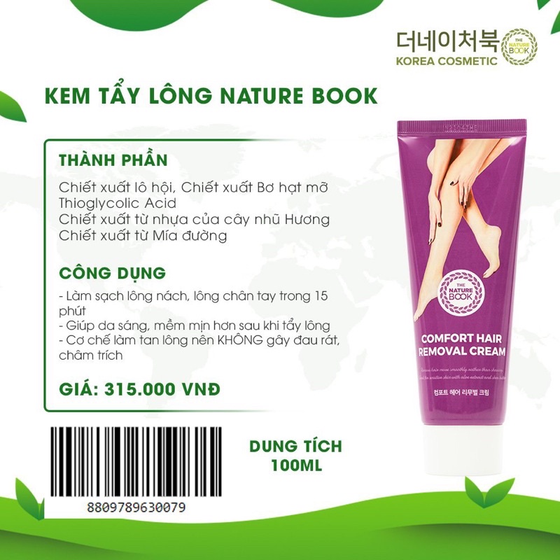 Kem tẩy lông Comfort Hair Removal Cream The Nature Book giúp da sáng, mềm mịn hơn chai 100ml OT030