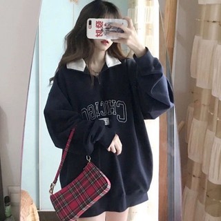 Áo sweater polo nam nữ form rộng xanh than chicago 1994 a046 khóa kéo áo polo nỉ dài tay cổ bẻ khóa kéo thành cao cổ