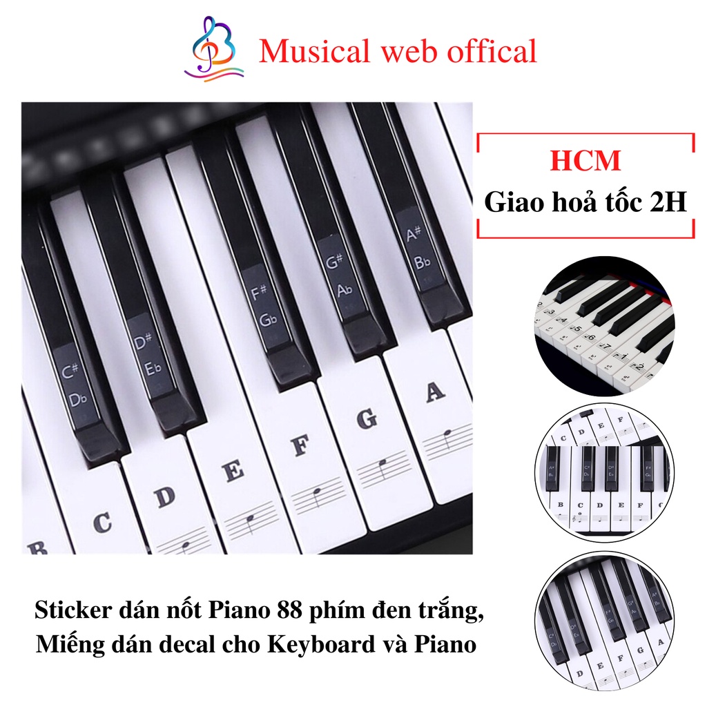 Sticker dán nốt Piano 88 phím đen trắng, Miếng dán decal cho Keyboard và Piano Musical Web