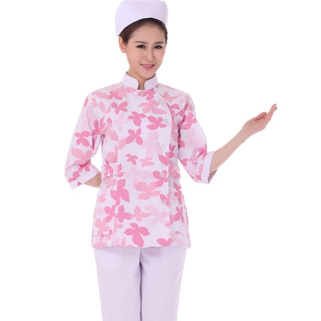 ◈◐J۩▼๑ Bộ Trang Phục Y Tá Tay Lửng Họa Tiết Hoa Lá Xinh Xắn Cho Mẹ Và Bé