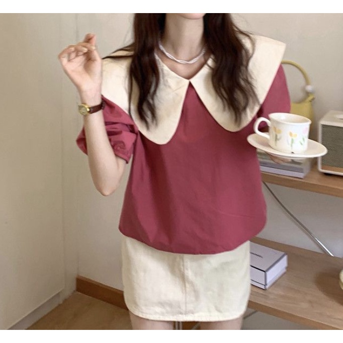 Áo Sơ Mi Ngắn Tay Cổ Búp Bê Thắt Nơ Phong Cách Pháp Thời Trang Cho Nữ