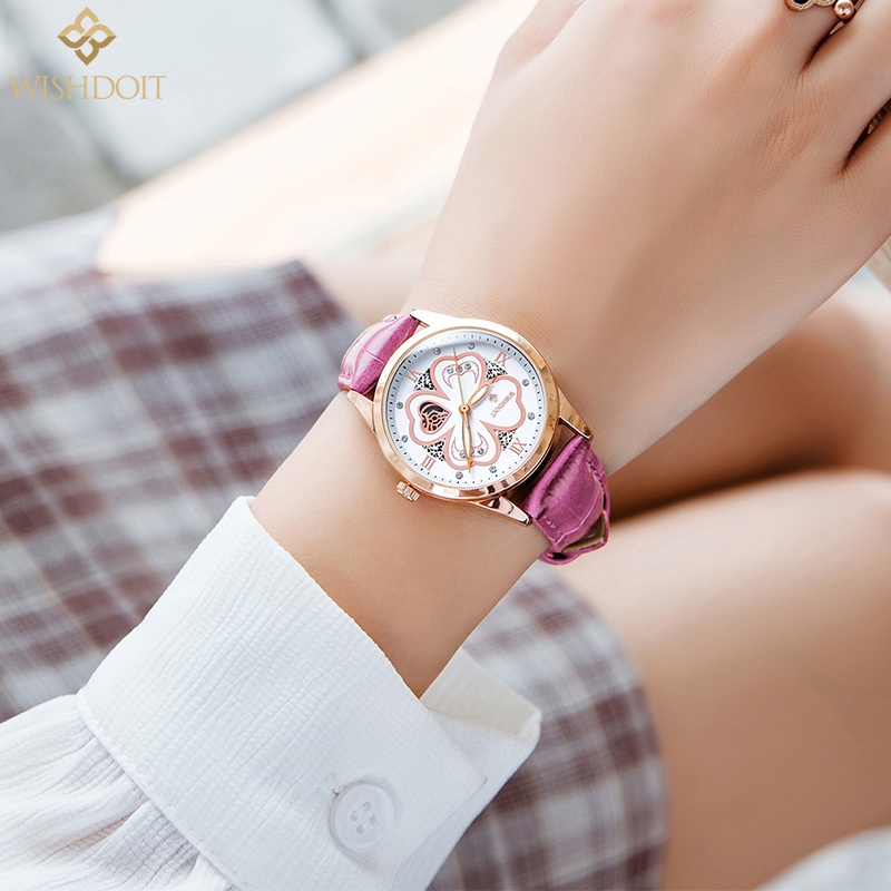 Đồng hồ đeo tay WISHDOIT mặt họa tiết cỏ bốn lá dây da chống thấm nước thời trang dành cho nữ