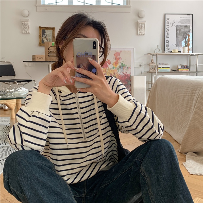 Áo hoodies SUXI tay dài hoạ tiết kẻ sọc màu tương phản cho nữ