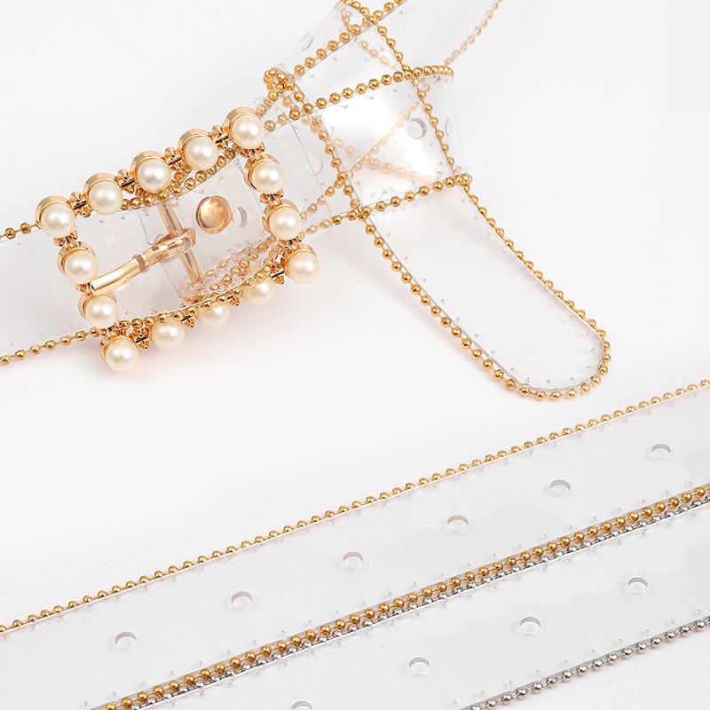 Thắt Lưng Nhựa PVC Trong Suốt Khóa Hợp Kim Đính Hạt Ngọc Trai Màu Vàng / Bạc Thời Trang Cho Nữ