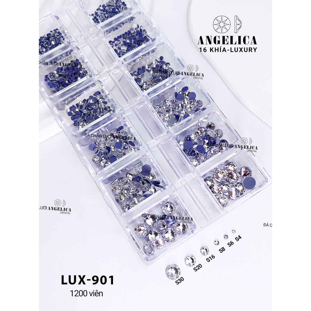 Khay đá nail Luxuxy chân lưới 16 khía đủ màu cao cấp mix size đá đính trang trí móng ANGELICA LUX