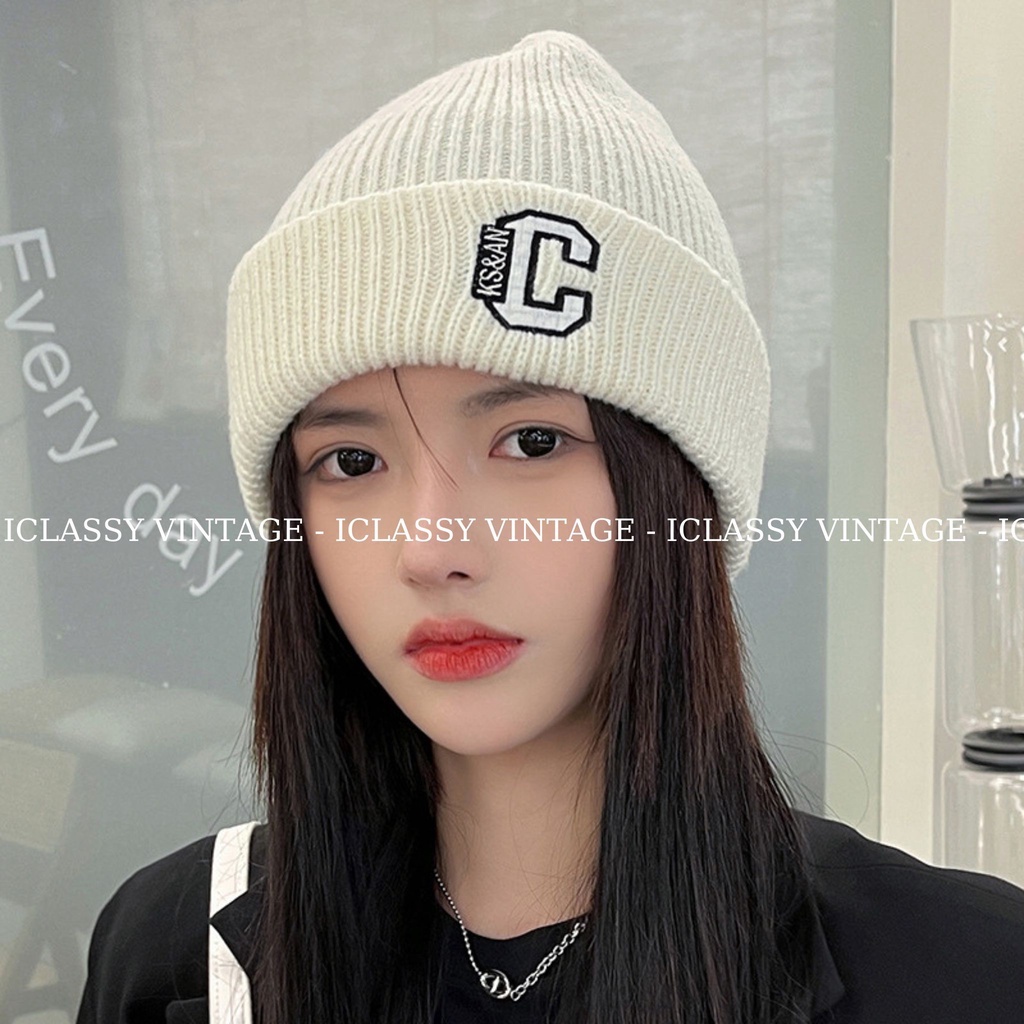 Mũ Len Nam Nữ Ulzzang Vintage Cao Cấp, Mũ Thêu chữ C 9 Màu Phong Cách Hàn Quốc - Iclassy_shoes
