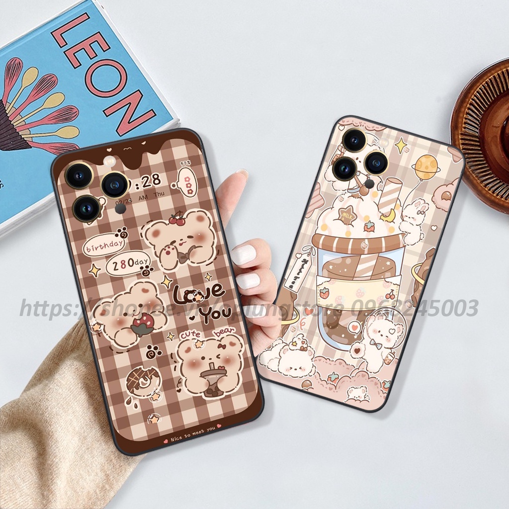 Ốp Iphone 13/ 13Mini/ 13 Pro/ 13 Pro Max bộ hình bear lovely,merry christmase,mill tea cute viền vuông bảo vệ camera