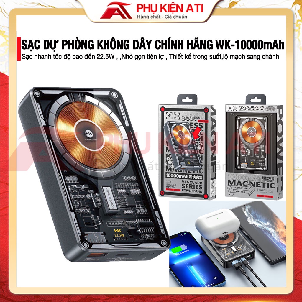 Sạc dự phòng không dây trong suốt WEKOME 22.5W dung lượng 10.000 mAh thiết kế độc đáo cho điện thoại iP