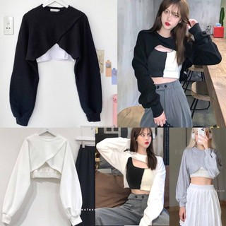 SQ011 - Bộ ba món Áo quây ống và áo croptop crt dài tay trắng tay bo thêm quần Jogger ống rộng rút dây cute