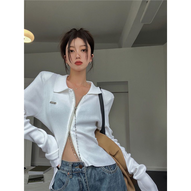 Áo Cardigan Dệt Kim Tay Dài Phối Khoá Kéo Thiết Kế Hợp Thời Trang