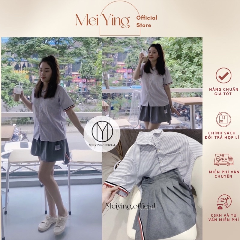 Set đồ nữ đi chơi. Áo sơ mi thom browne. Áo sơ mi cộc tay nữ, chân váy xếp li. Set đồ nữ cá tính