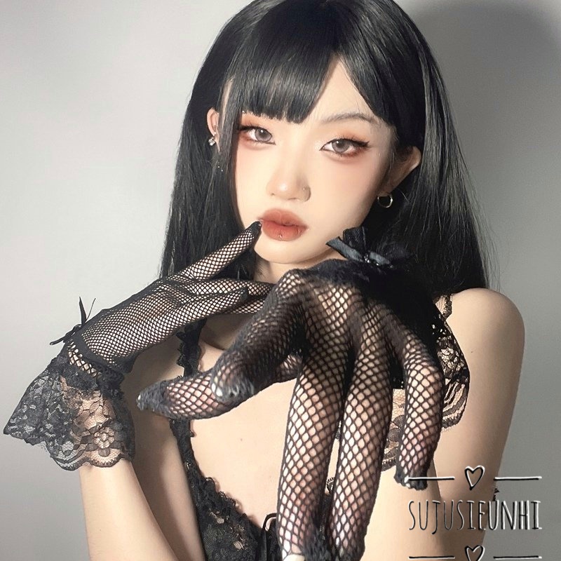 (3 mẫu) găng tay lưới ngắn tới cổ tay ren bèo đính nơ phong cách lolita