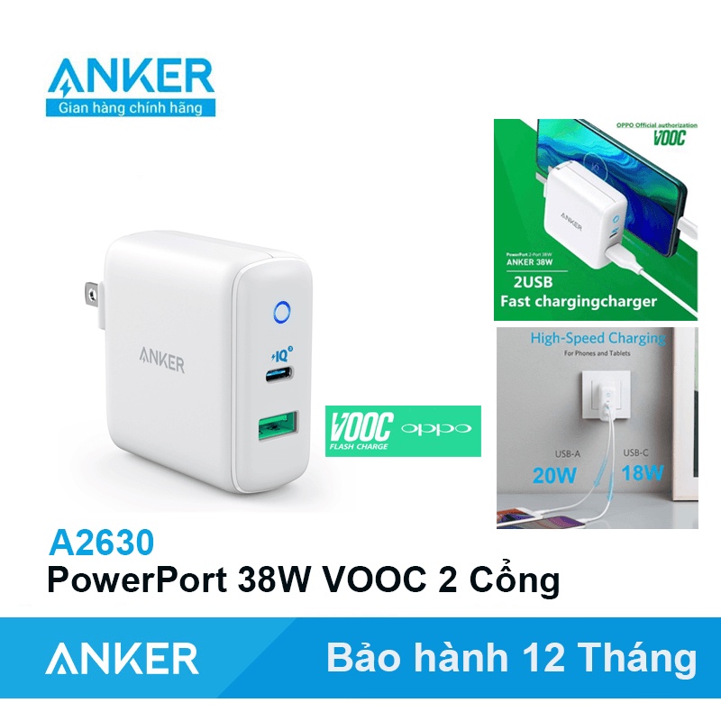 Củ Sạc Anker 2 Cổng Sạc nhanh VOOC 20W và PD 18W PowerPort PD+2 38W - A2630 cho OPPO Huawei AnkerShop