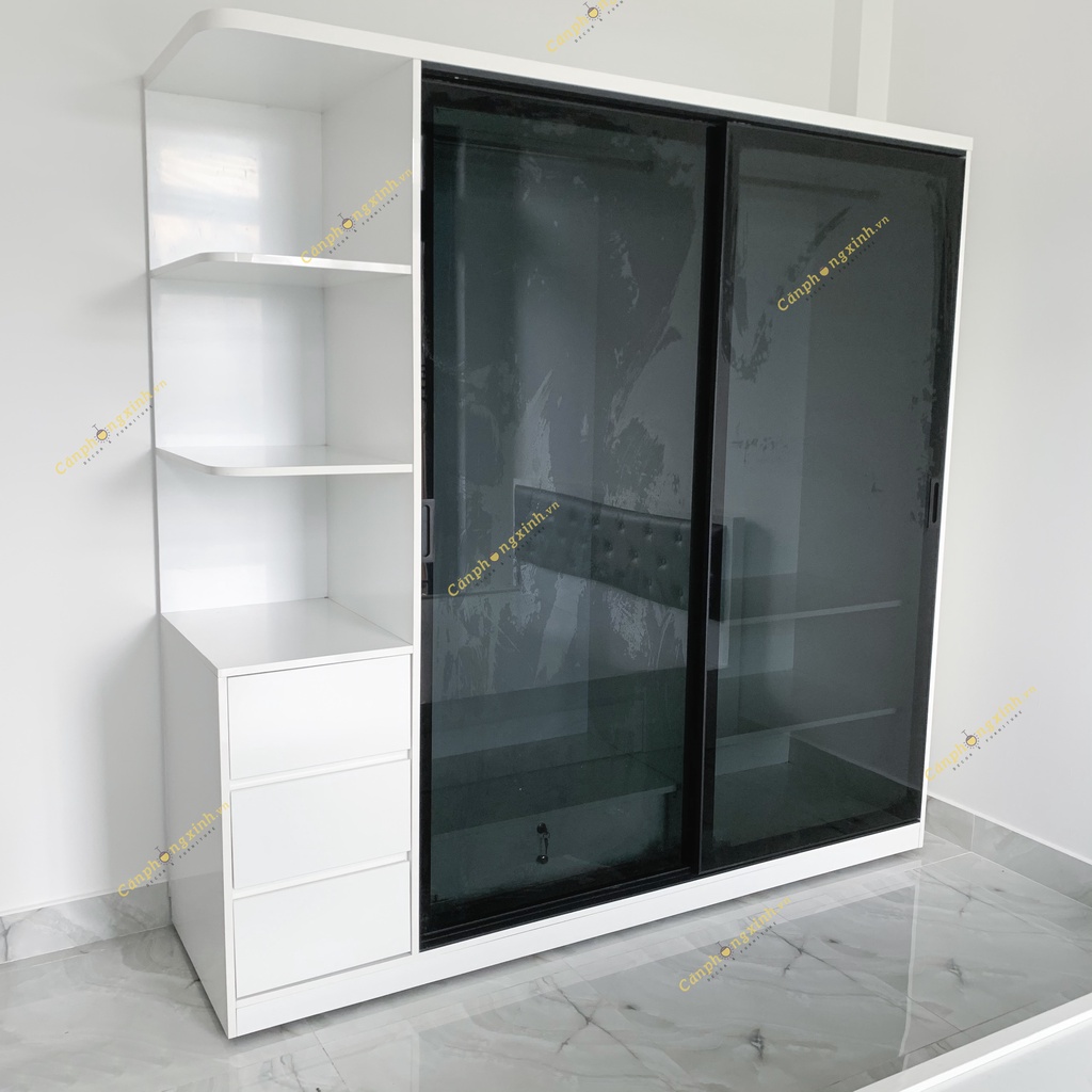 Tủ áo cánh lùa nhôm kính cường lực, ray lùa giảm chấn gỗ MDF CPX-T41