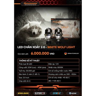 Bộ 2Bi LED Aozoom White Wolf light-Bi Sói Trắng 2.0 inch tích hợp chóa đèn phù hợp cho xe ô tô, xe hơi, xe máy, BH 3 năm