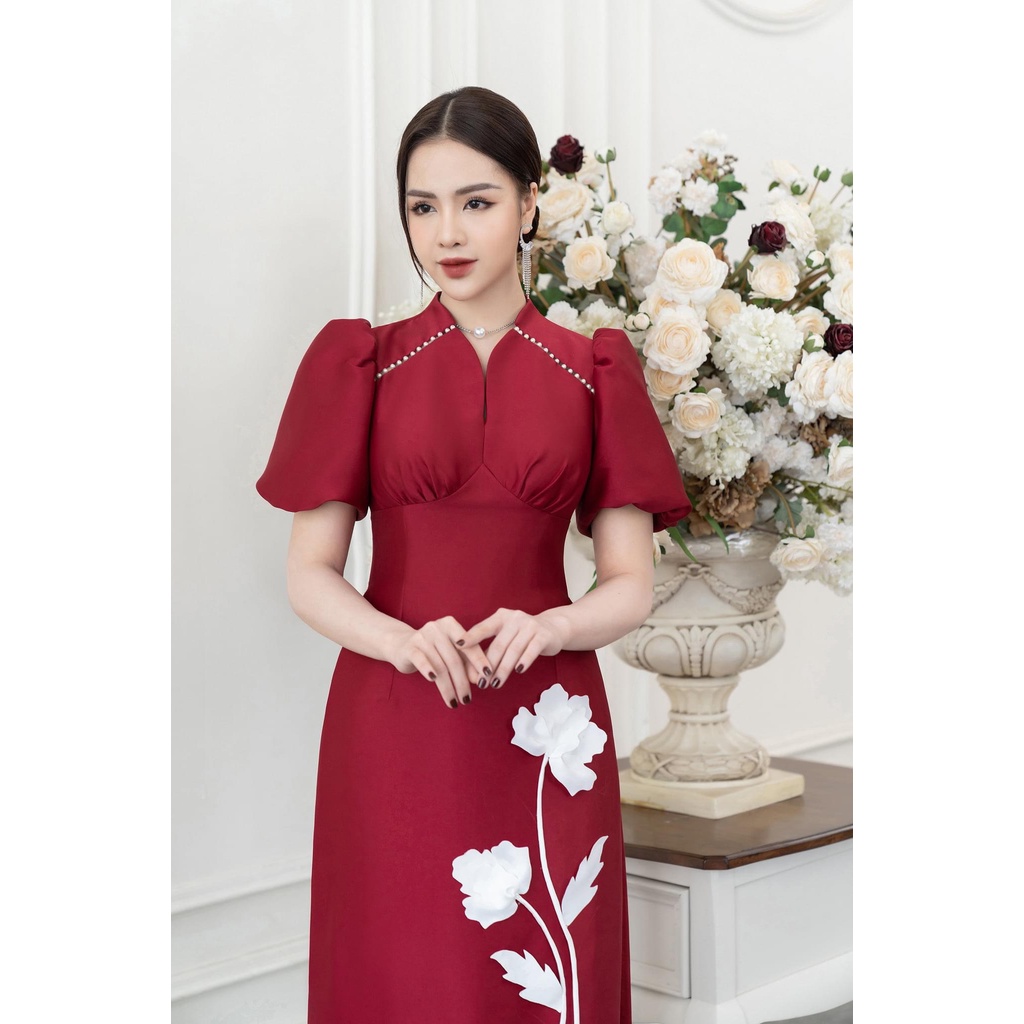 Áo dài cách tân đỏ tay bồng điệu đà chất liệu tafta cao cấp đính hoa thủ công