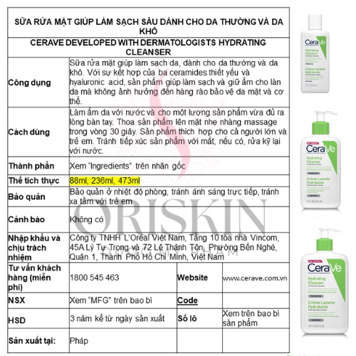 CeraVe - Sữa Rửa Mặt Giúp Làm Sạch Sâu Và Cấp Ẩm Cho Da Thường Và Da Khô CeraVe Hydrating Cleanser