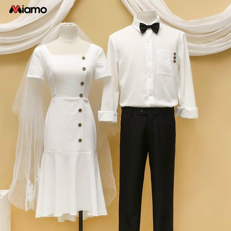 Set đồ đôi áo sơ mi nam đầm nữ cotton lạnh tình yêu sang trọng Miamo MO34