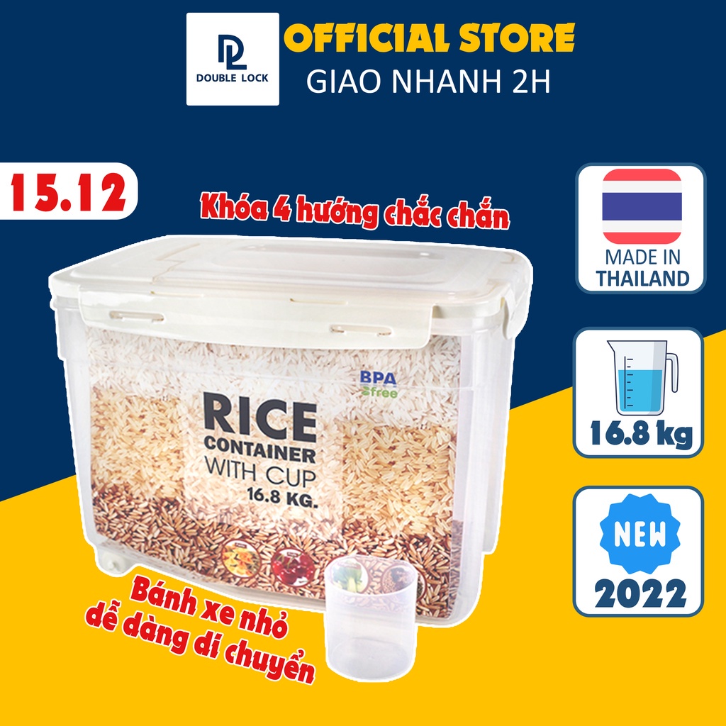 Thùng đựng gạo nhựa JCJ DoubleLock 10kg, chống ẩm, chống côn trùng, kháng khuẩn Ag+, kín khí ( mã 1399, 2559) )