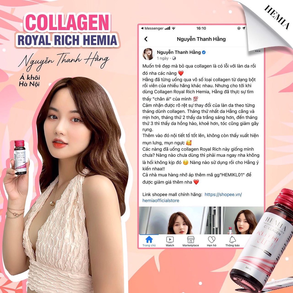 Collagen nước Hemia nước uống trắng da tăng cường nội tiết tố nữ trẻ hoá da hộp 10 lọ 30ml