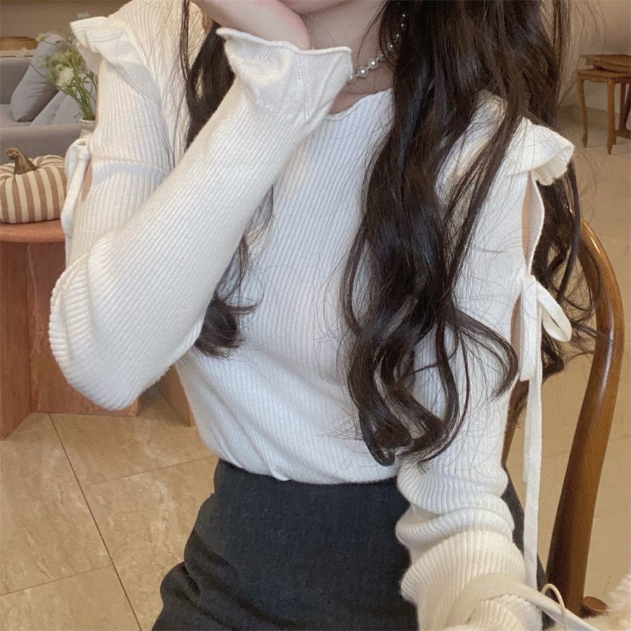 Jiashucheng Áo Thun Tay Dài Dáng Ôm Hở Vai Viền Nấm Viền Hở Vai Phong Cách Hàn Quốc