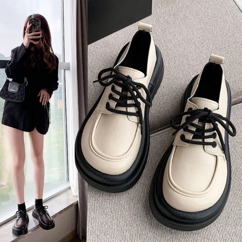 One more shoes Giày Da Đế Dày Buộc Dây Mềm Mại Thoải Mái Phong Cách retro Pháp Cho Nữ