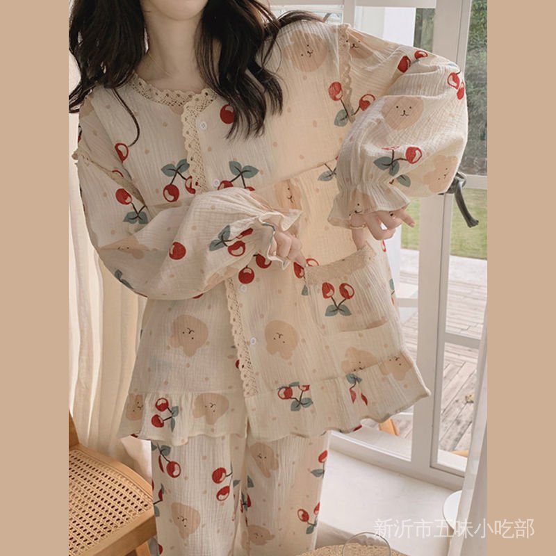 Bộ Đồ Ngủ Phối Ren Họa Tiết Trái Cherry Phong Cách Mới Ngọt Ngào Thời Trang Thu Đông Cho Nữ