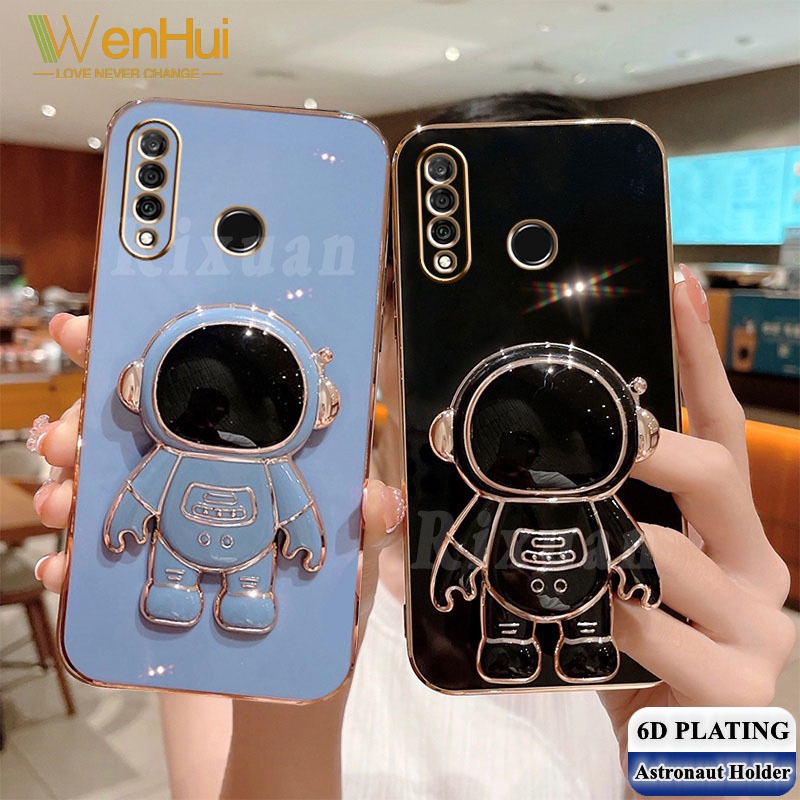 WenHui Astronaut Folding Stand Holder Phone Case for VIVO Y76 5G Y55S Y71 Y66 Y67 V5 Y81 Y83 Y85 V9 Y19 V20 SE V11i Luxury Plating Soft Rubber Back Cover with Bracket