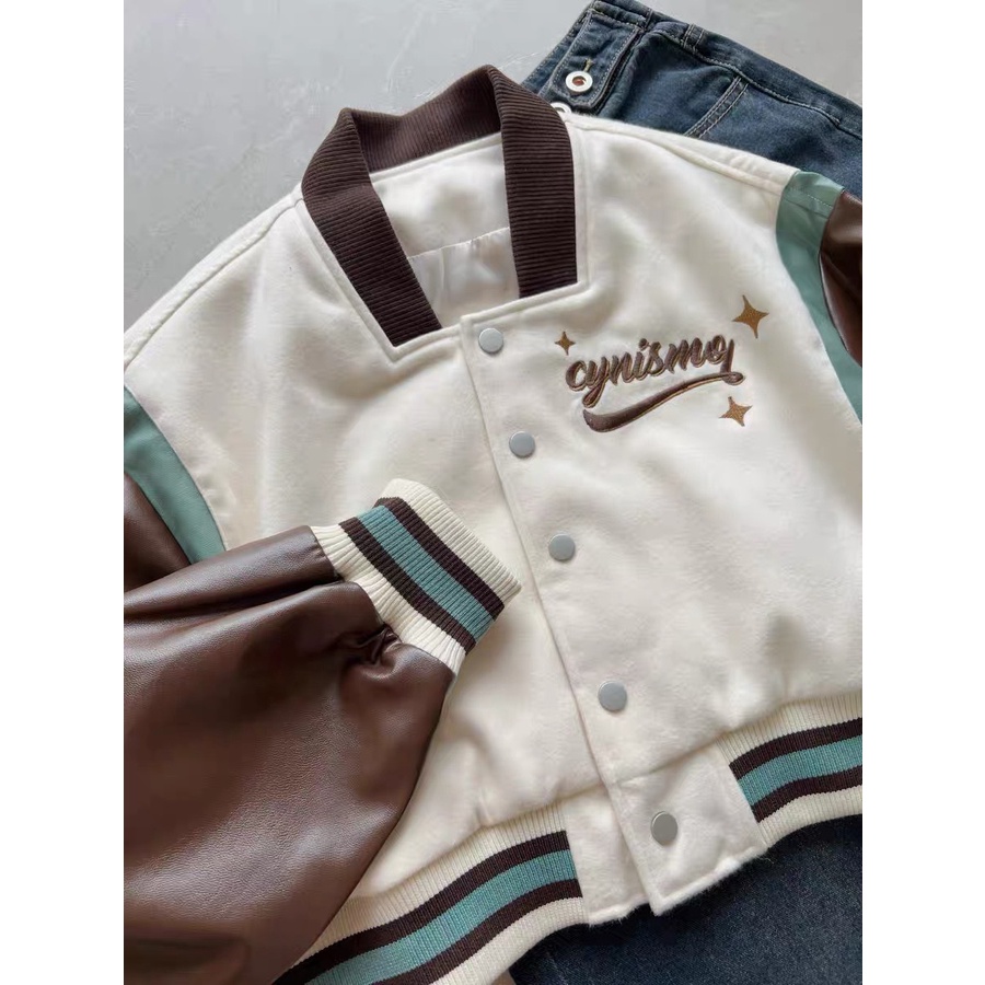 Áo bomber nữ dáng ngắn croptop phối tay da shop Đậu Xinh - B303