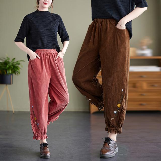 Quần Dài Đến Mắt Cá Chân Dáng Rộng Bằng Vải Nhung Phối Ren Thêu Họa Tiết Thời Trang Cho Nữ