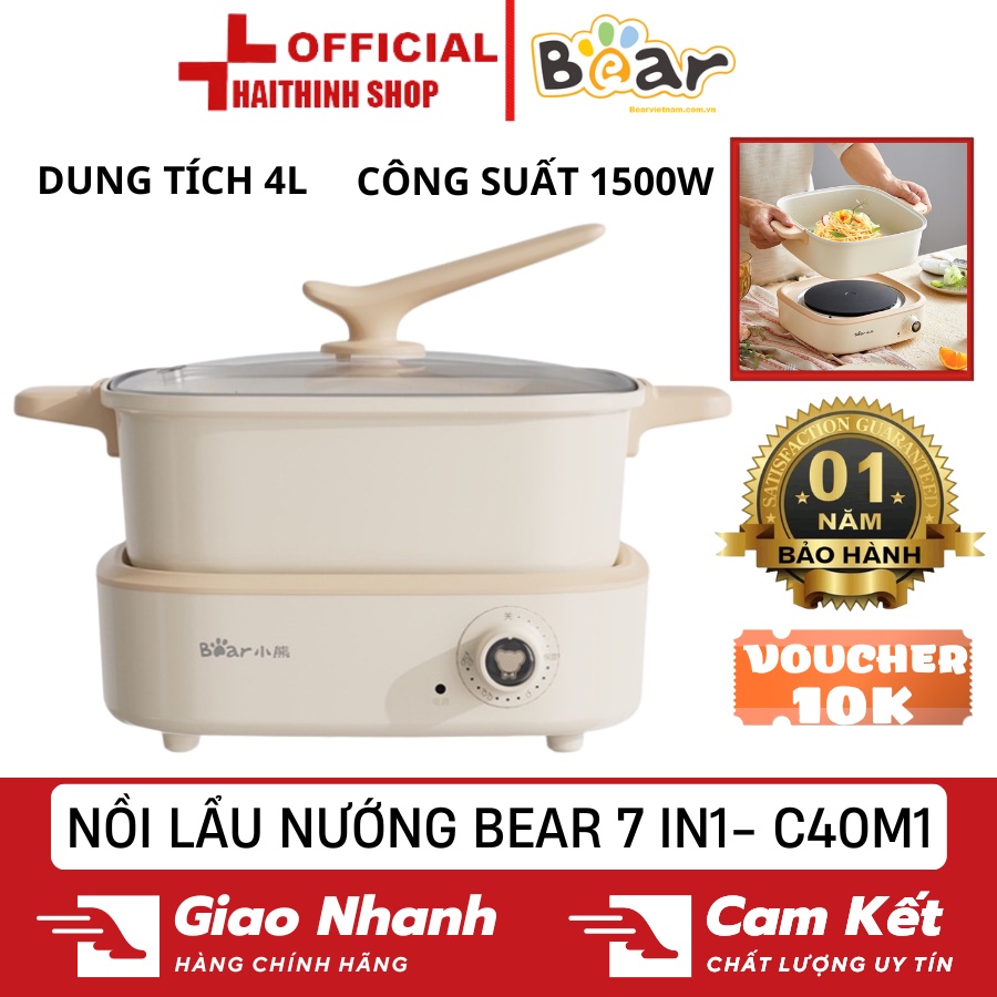 Nồi lẩu điện đa năng Bear DHG-C40M1 dung tích 4L Đa Năng 7 trong 1 chiên xào rán nướng bảo hành 12 tháng