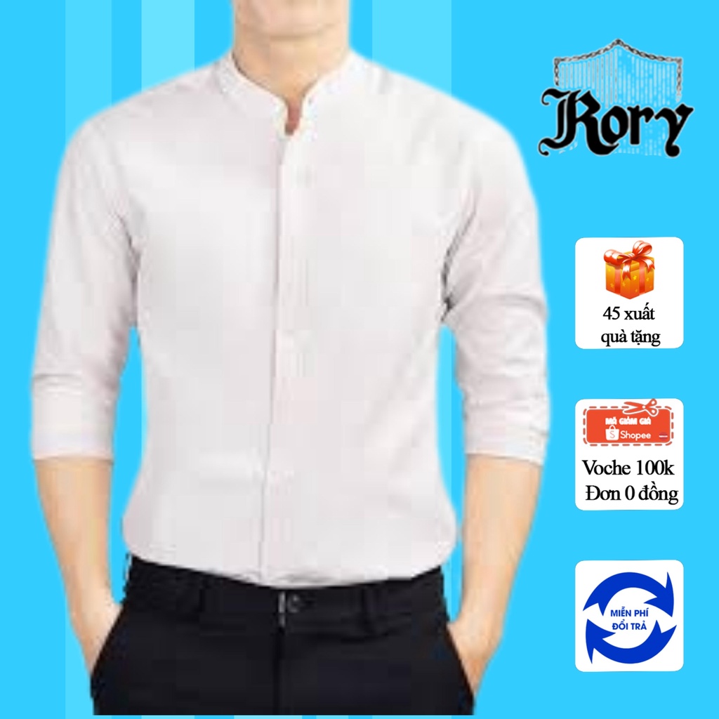 Áo sơ mi nam màu trắng cổ tàu trẻ trung chất vải lụa thái không nhăn cao cấp