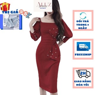 Đầm Đẹp Dự Tiệc Màu Đỏ Vải Thun Co Giãn Váy Body Có Tay Dài Phối Nơ To Freesize từ 55 đến 65kg ALUZ STORE