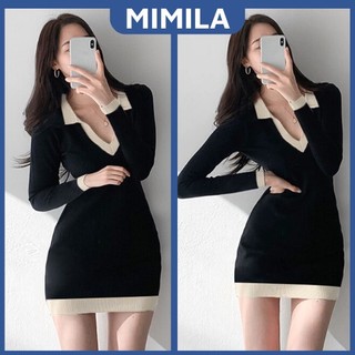 Váy Body Phối Viền Be MIMILA Đầm Body Dài Tay Cổ Chữ V Vải Dày Dặn Co Giãn - MBD061
