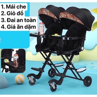 Xe đẩy đôi gấp gọn mẫu mới(kèm đai an toàn, giỏ đồ,mái che,khay ăn dặm)