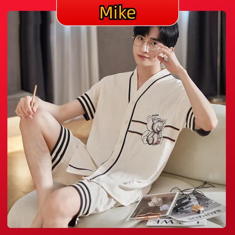 Bộ Đồ Ngủ Áo Tay Ngắn Cổ Chữ V Phối Quần Short Vải Cotton Thiết Kế Đơn Giản Thoáng Khí Thời Trang Cho Nam