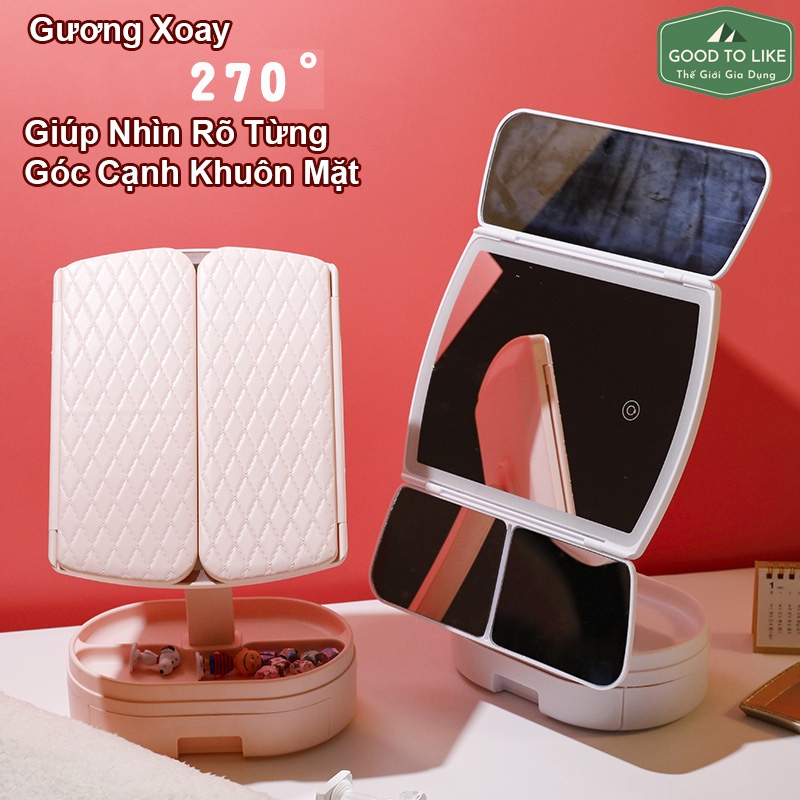 Gương Trang Điểm Để Bàn Tích Hợp Cảm Biến Đèn Led,Gương Để Bàn Xoay 270 Độ Gập Mở 2 Cánh Tặng Kèm Sạc