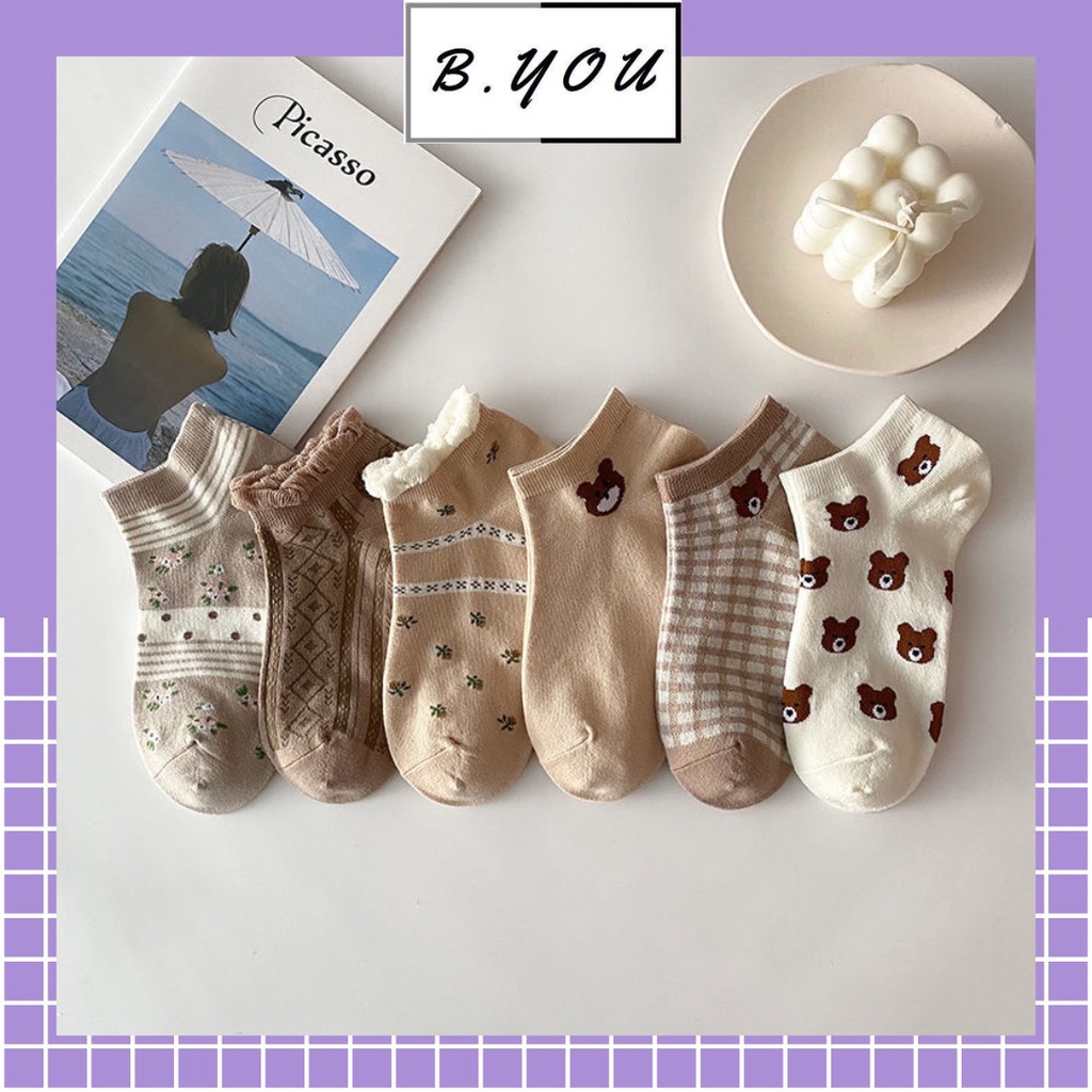 Tất nữ cổ ngắn họa tiết dễ thương, phong cách vintage, chất liệu thoáng mát, thấm hút mồ hôi