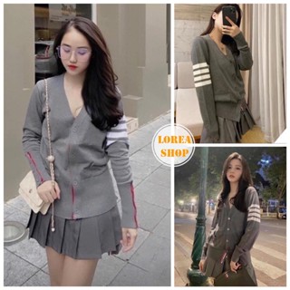 Áo Khoác Cardigan Nam Nữ Chất Len tăm & Tăm zip màu Xám Sọc Viền Đỏ & Xanh Cúc Cài Form Nữ Bó (thomb New)