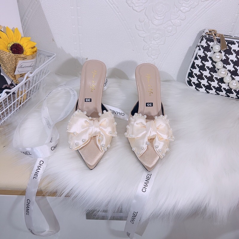 Dép Sục cao gót lụa nợ viền ngọc gót nhọn 7 phân tôn dáng hot hit