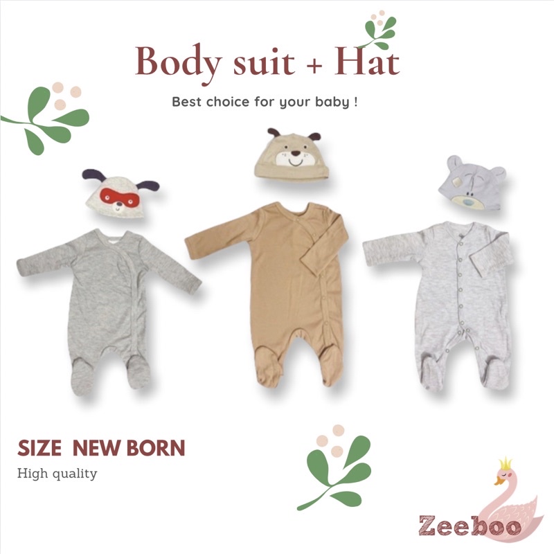 Set body liền thân kèm mũ vải siêu dễ thương cho bé sơ sinh, sleep suit cotton mềm mịn thấm hút mồ hôi tiện dụng